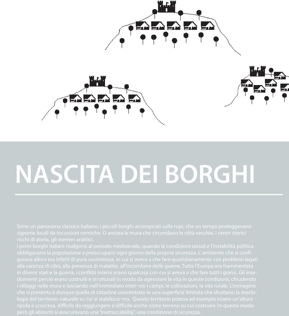 I primi borghi italiani risalgono al periodo medioevale, quando le condizioni sociali e l instabilità politica obbligavano la popolazione a preoccuparsi ogni giorno della propria sicurezza.