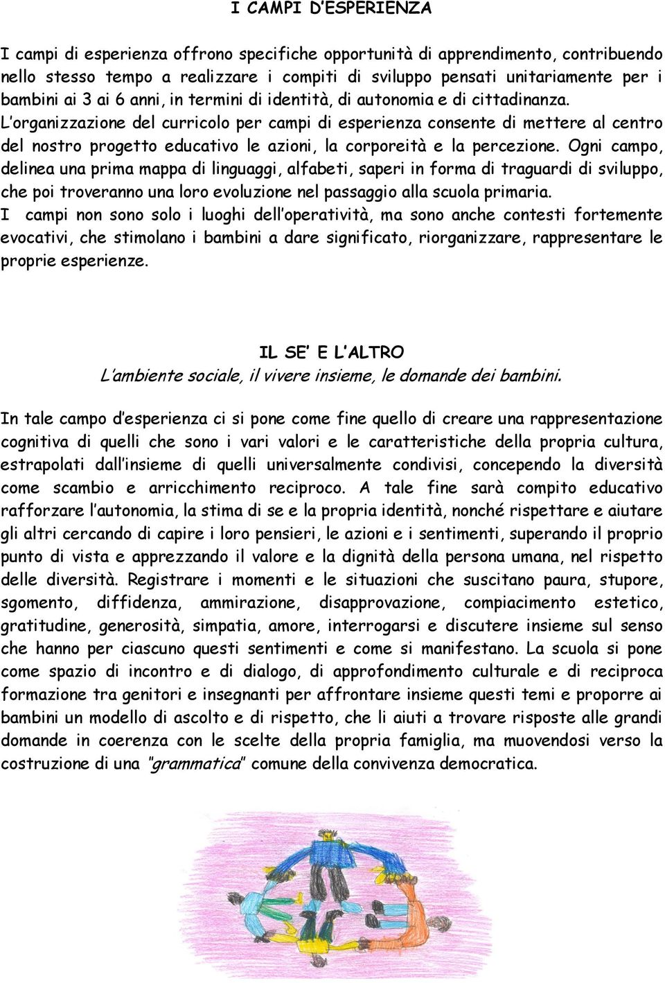 L organizzazione del curricolo per campi di esperienza consente di mettere al centro del nostro progetto educativo le azioni, la corporeità e la percezione.