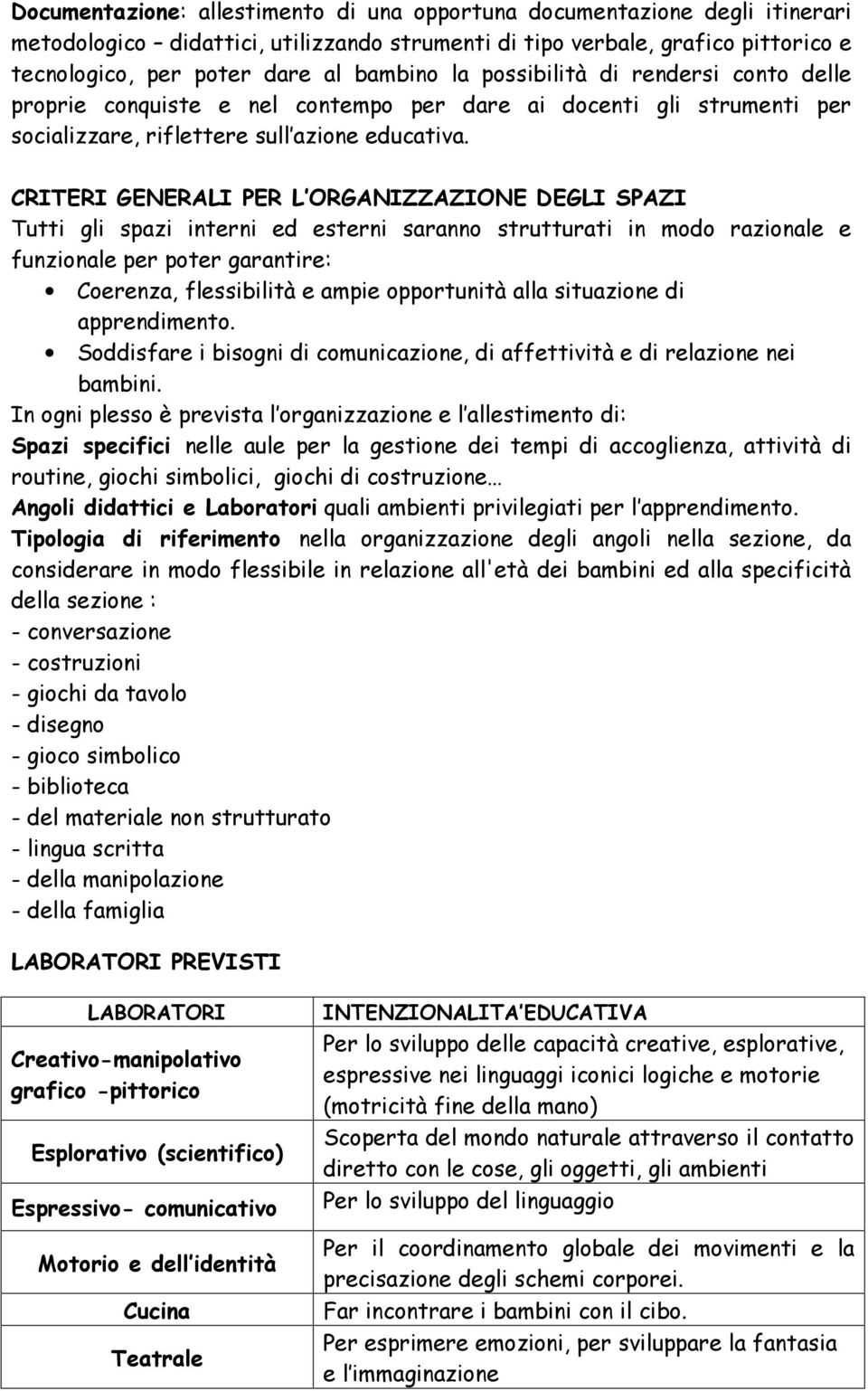 CRITERI GENERALI PER L ORGANIZZAZIONE DEGLI SPAZI Tutti gli spazi interni ed esterni saranno strutturati in modo razionale e funzionale per poter garantire: Coerenza, flessibilità e ampie opportunità