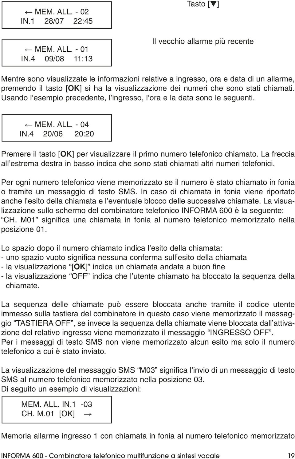 numeri che sono stati chiamati. Usando l esempio precedente, l ingresso, l ora e la data sono le seguenti. MEM. ALL. - 04 IN.