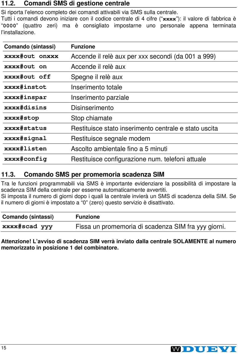 Comando (sintassi) Funzione xxxx#out onxxx Accende il relè aux per xxx secondi (da 001 a 999) xxxx#out on xxxx#out off xxxx#instot xxxx#inspar xxxx#disins xxxx#stop xxxx#status xxxx#signal