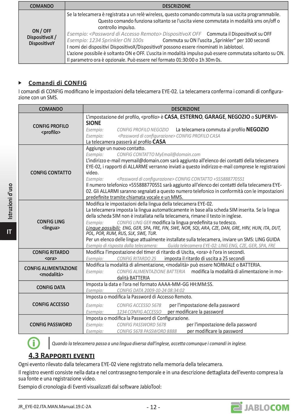 Esempio: <Password di Accesso Remoto> DispositivoX OFF Commuta il DispositivoX su OFF Esempio: 1234 Sprinkler ON 100s Commuta su ON l'uscita Sprinkler per 100 secondi I nomi dei dispositivi