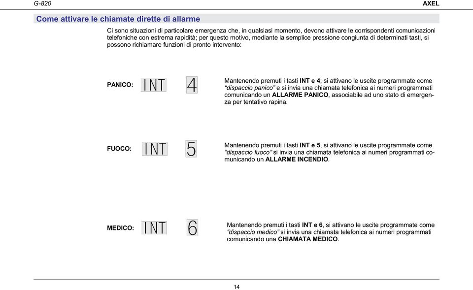 uscite programmate come dispaccio panico e si invia una chiamata telefonica ai numeri programmati comunicando un ALLARME PANICO, associabile ad uno stato di emergenza per tentativo rapina.