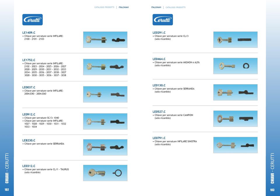 c Chiave per serrature serie MIGNON e ALFA (solo ricambio) Le0037.c Chiave per serrature serie INFILARE: 2004.E40-2004.E60 Le0130.c Chiave per serrature serie SERRANDA (solo ricambio) Le0912.