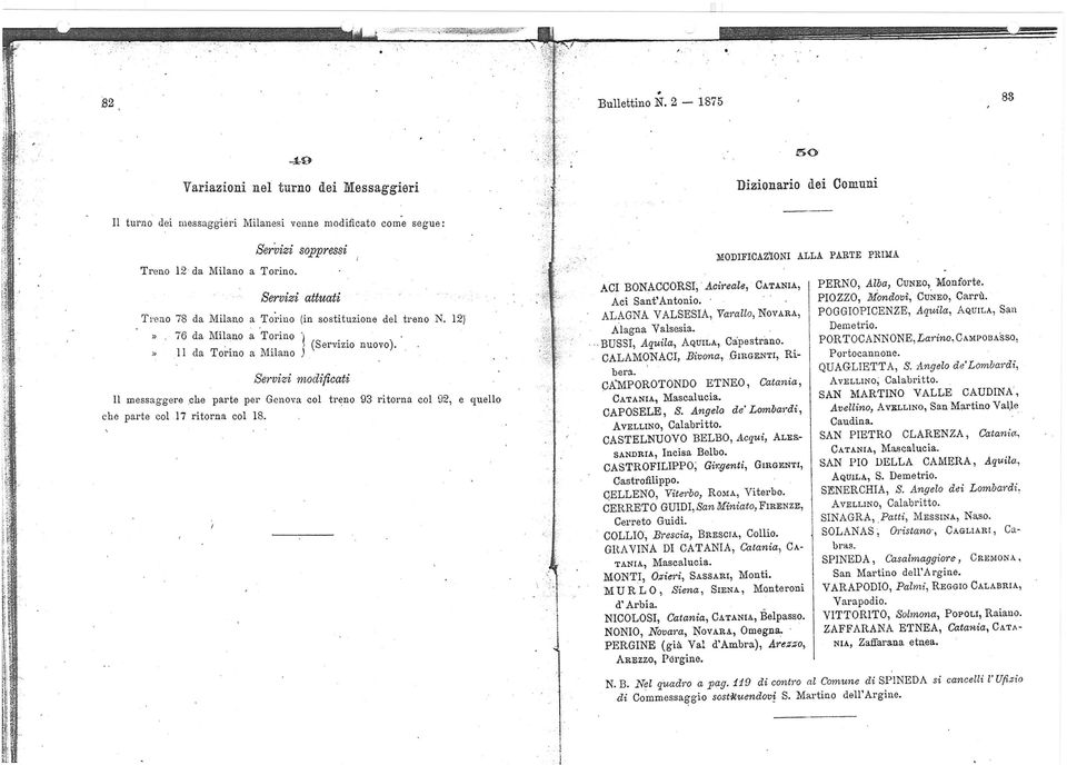 BOVEGNO, tolgasi Collio. BROLO, litolgasi Sinagra. BURGIO, tolgasi Calamonaci. CABRAS, aggiungasi Solanas. CALABRITTO, aggiungansi Caposele, Quaglietta e Senerchia. CAPESTRANO,' aggiungasi Bussi.