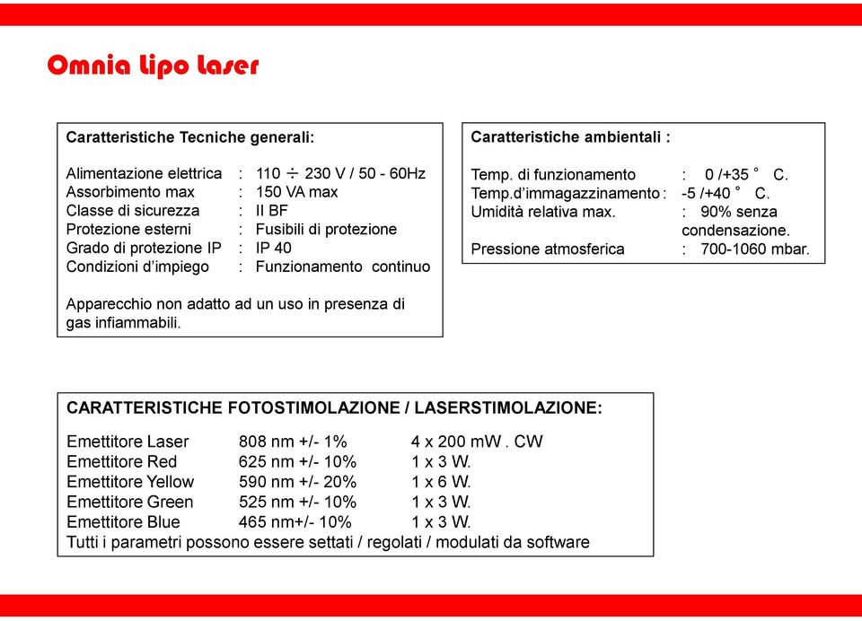 : 90% senza condensazione. Pressione atmosferica : 700-1060 mbar. Apparecchio non adatto ad un uso in presenza di gas infiammabili.