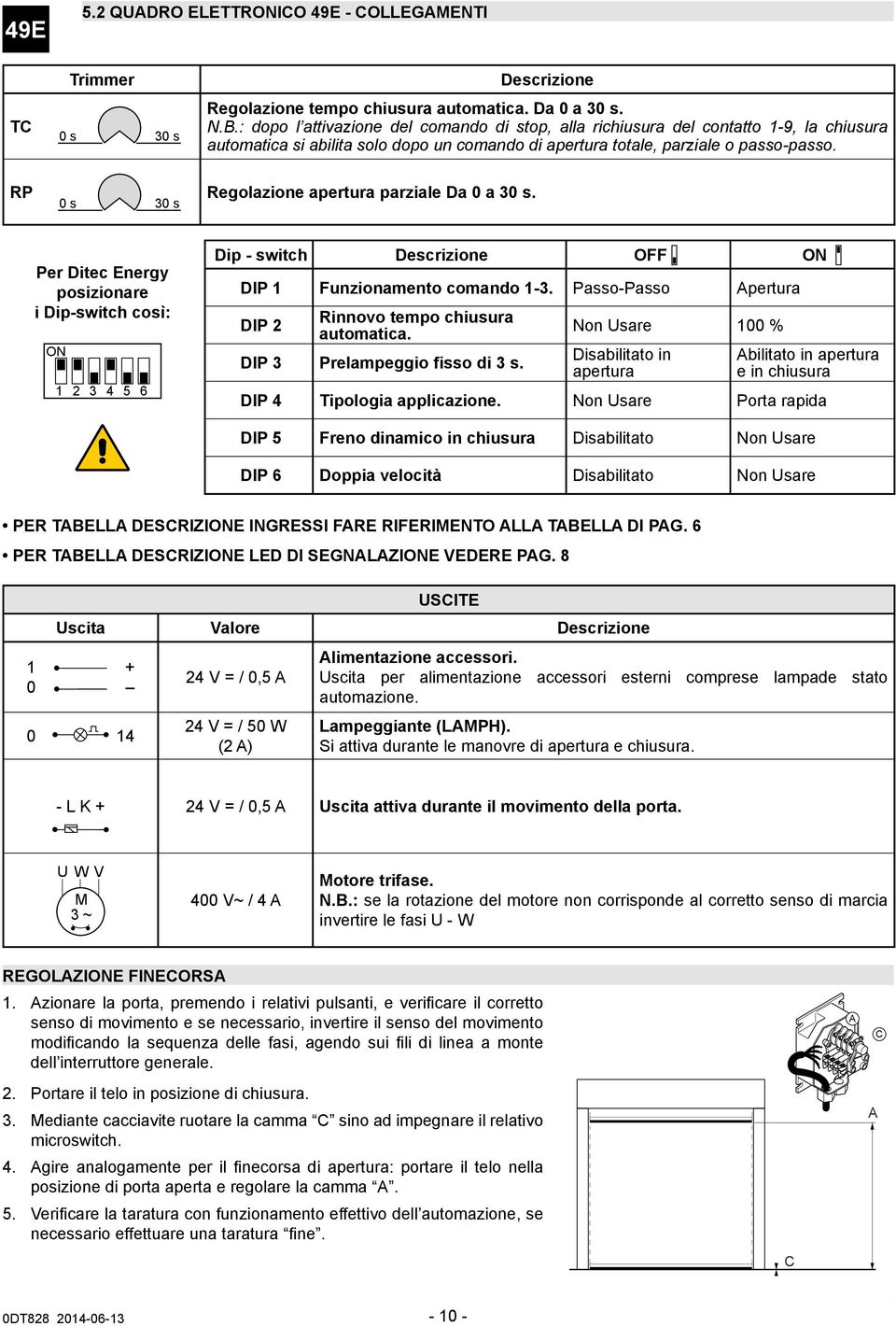 RP Regolazione apertura parziale Da a 3 s. s 3 s Per Ditec Energy posizionare i Dip-switch così: ON 2 3 4 5 6 Dip - switch Descrizione OFF ON DIP Funzionamento comando -3.