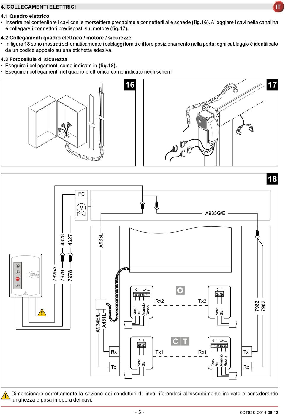2 ollegamenti quadro elettrico / motore / sicurezze In figura 8 sono mostrati schematicamente i cablaggi forniti e il loro posizionamento nella porta; ogni cablaggio è identificato da un codice