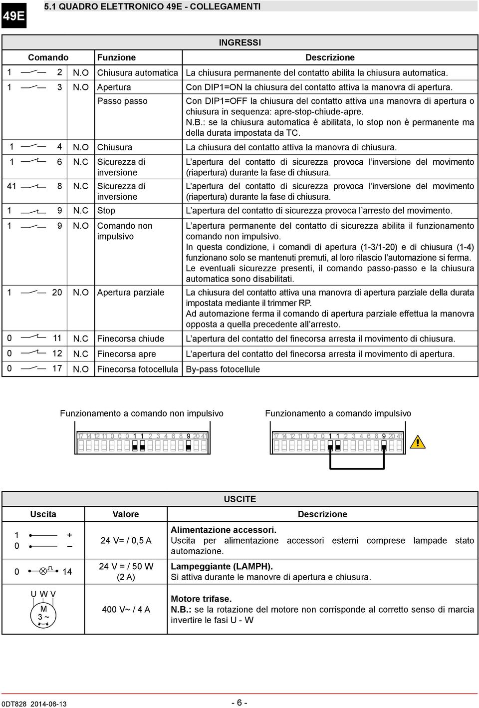 Passo passo on DIP=OFF la chiusura del contatto attiva una manovra di apertura o chiusura in sequenza: apre-stop-chiude-apre. N.B.