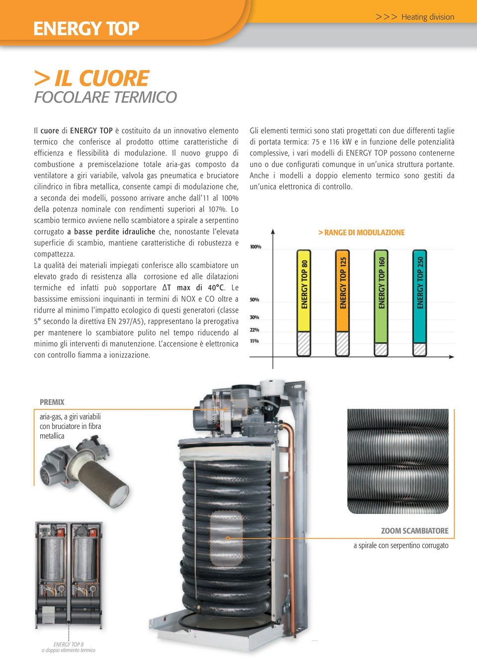 Il nuovo gruppo di combustione a premiscelazione totale aria-gas composto da ventilatore a giri variabile, valvola gas pneumatica e bruciatore cilindrico in fibra metallica, consente campi di