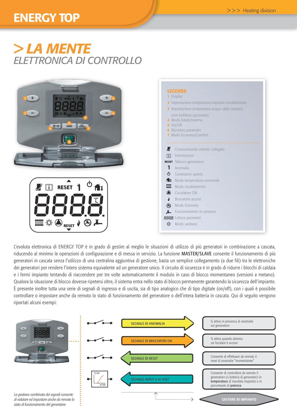 scorrevole Modo riscaldamento Circolatore ON Bruciatore acceso Modo Economy Funzionamento in sanitario Lettura parametri Modo sanitario L evoluta elettronica di ENERGY TOP è in grado di gestire al