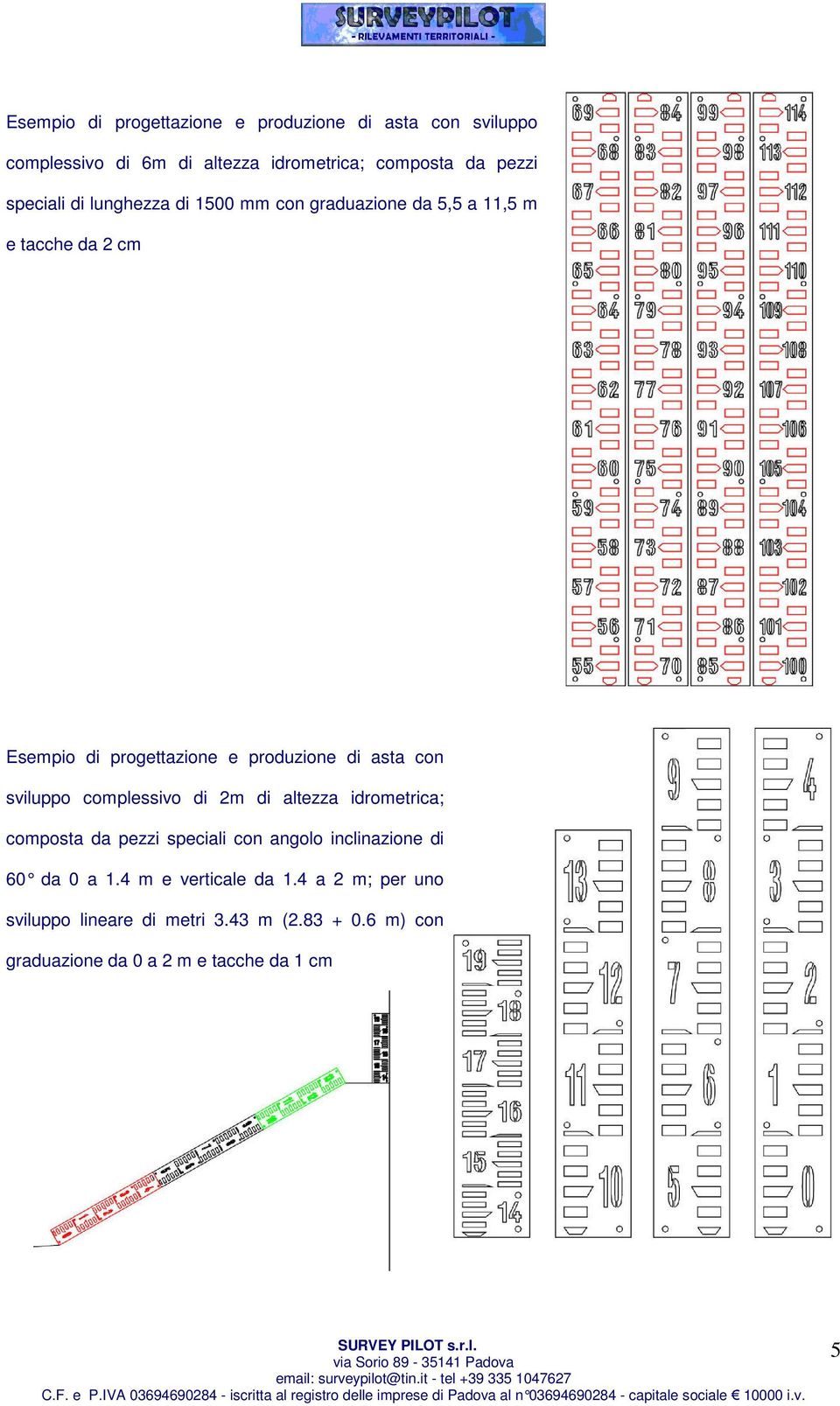 asta con sviluppo complessivo di 2m di altezza idrometrica; composta da pezzi speciali con angolo inclinazione di 60 da 0 a