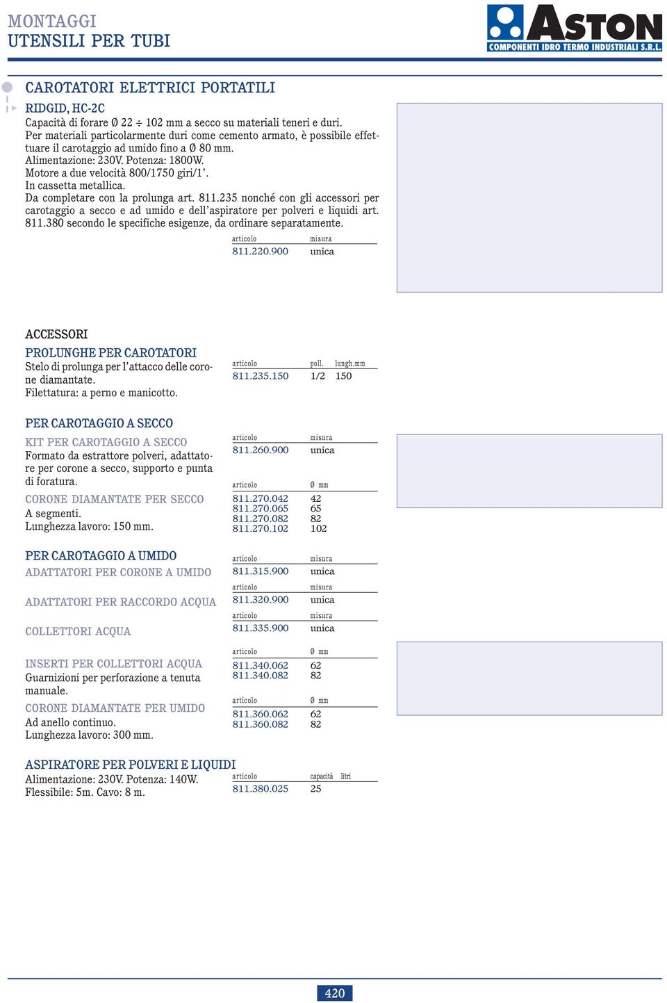 In cassetta metallica. Da completare con la prolunga art. 811.235 nonché con gli accessori per carotaggio a secco e ad umido e dell aspiratore per polveri e liquidi art. 811.380 secondo le specifiche esigenze, da ordinare separatamente.