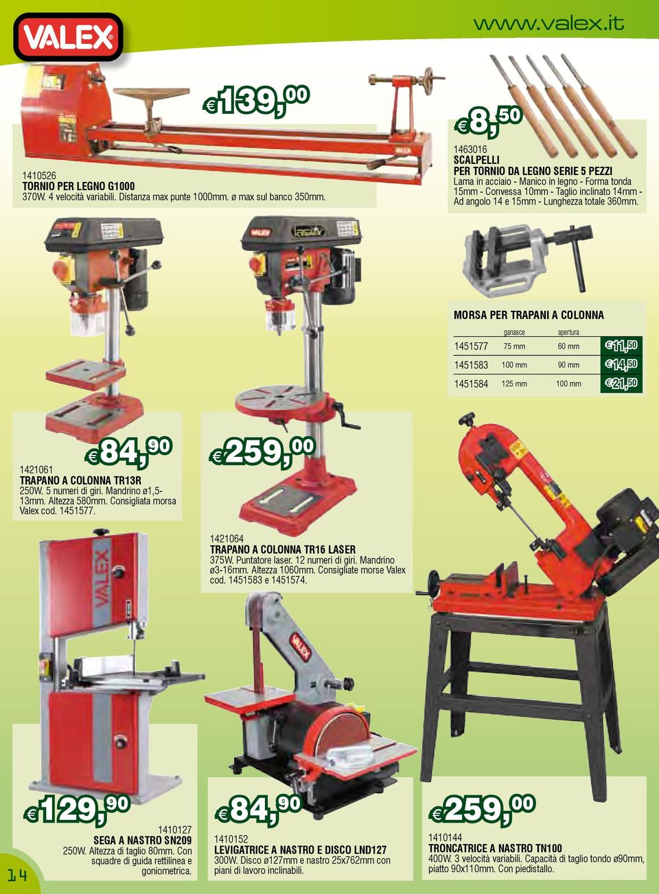 MORSA PER TRAPANI A COLONNA ganasce apertura 1451577 75 mm 60 mm 11, 50 1451583 100 mm 90 mm 14, 50 1451584 125 mm 100 mm 21, 50 84, 90 259, 00 1421061 TRAPANO A COLONNA TR13R 250W. 5 numeri di giri.