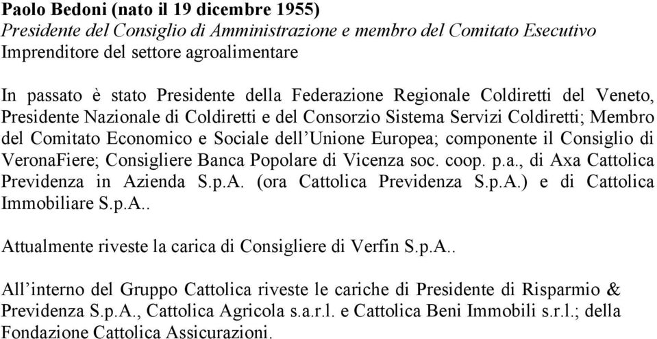 Consiglio di VeronaFiere; Consigliere Banca Popolare di Vicenza soc. coop. p.a., di Axa Cattolica Previdenza in Azienda S.p.A. (ora Cattolica Previdenza S.p.A.) e di Cattolica Immobiliare S.p.A.. Attualmente riveste la carica di Consigliere di Verfin S.