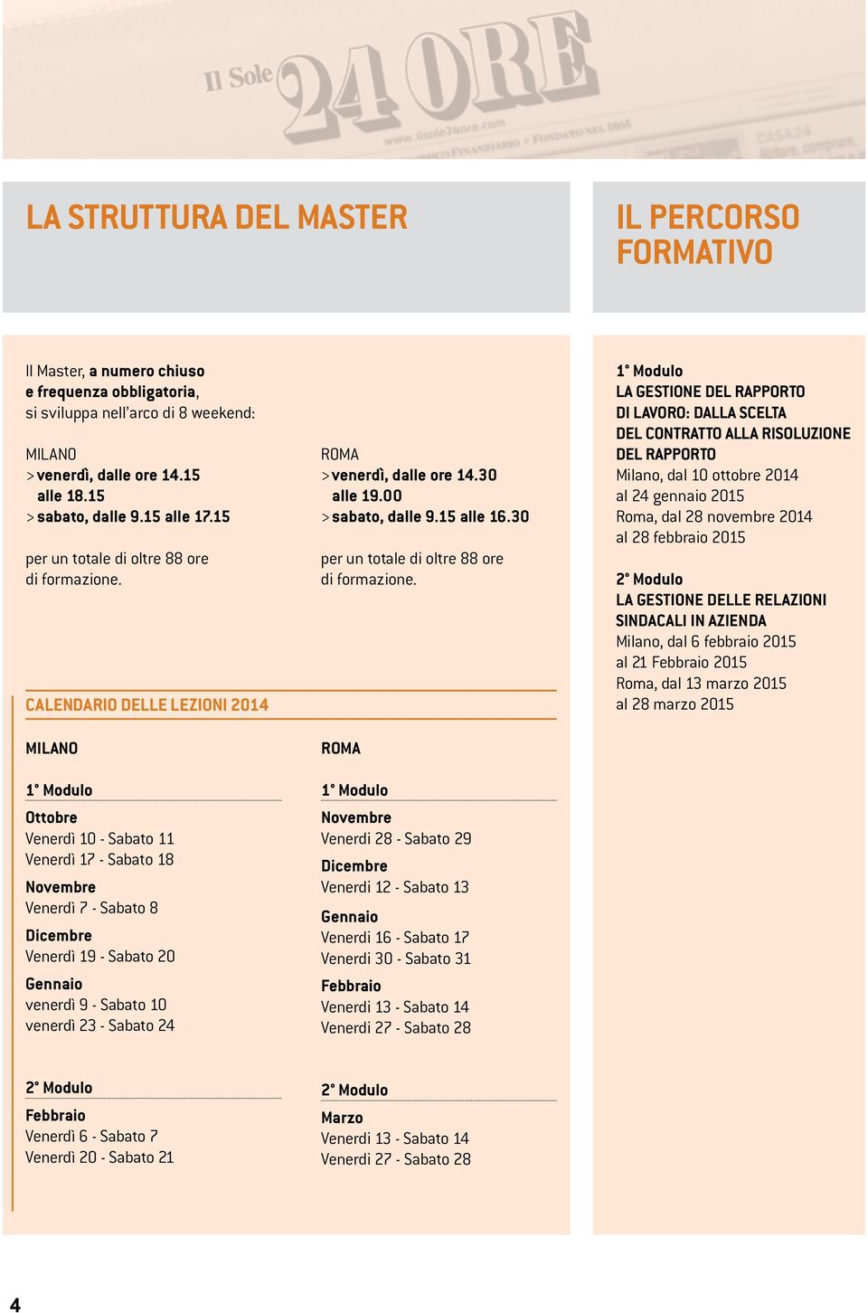 CALENDARIO DELLE LEZIONI 2014 MILANO 1 Modulo Ottobre Venerdì 10 - Sabato 11 Venerdì 17 - Sabato 18 Novembre Venerdì 7 - Sabato 8 Dicembre Venerdì 19 - Sabato 20 Gennaio venerdì 9 - Sabato 10 venerdì