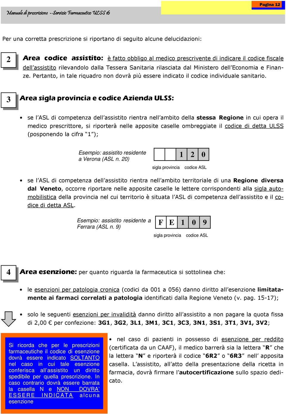 3 Area sigla provincia e codice Azienda ULSS: se l ASL di competenza dell assistito rientra nell ambito della stessa Regione in cui opera il medico prescrittore, si riporterà nelle apposite caselle