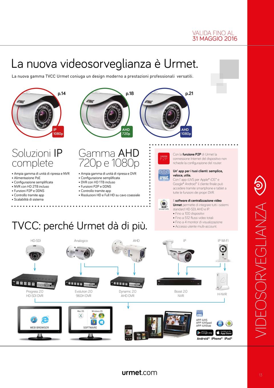 Scalabilità di sistema Gamma 720p e 1080p Ampia gamma di unità di ripresa e DVR Configurazione semplificata DVR con HD 1TB incluso Funzioni P2P e DDNS Controllo tramite app Risoluzioni HD e Full HD