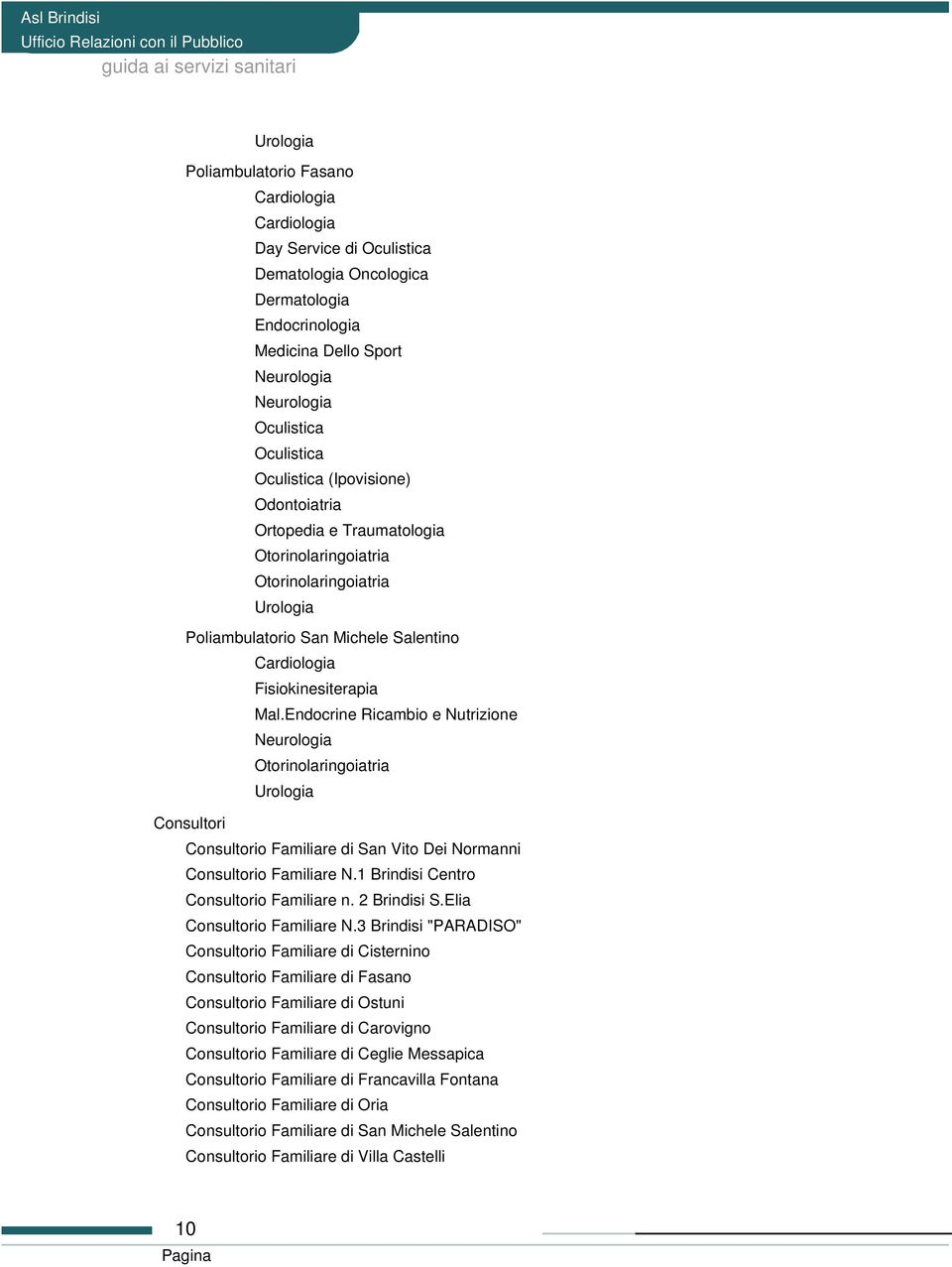 Endocrine Ricambio e Nutrizione Neurologia Otorinolaringoiatria Urologia Consultori Consultorio Familiare di San Vito Dei Normanni Consultorio Familiare N.1 Brindisi Centro Consultorio Familiare n.