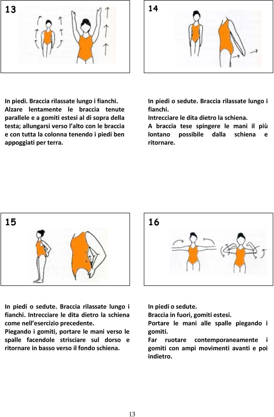 In piedi o sedute. Braccia rilassate lungo i fianchi. Intrecciare le dita dietro la schiena. A braccia tese spingere le mani il più lontano possibile dalla schiena e ritornare.