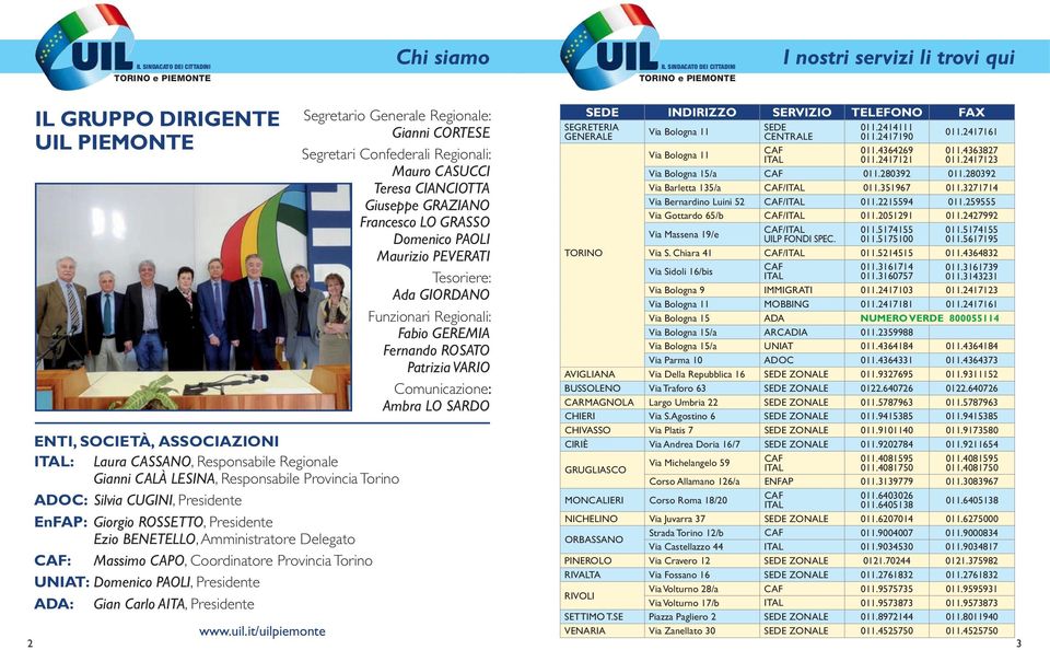 Tesoriere: Ada GIORDANO Funzionari Regionali: Fabio GEREMIA Fernando ROSATO Patrizia VARIO Comunicazione: Ambra LO SARDO ENTI, SOCIETÀ, ASSOCIAZIONI ITAL: Laura CASSANO, Responsabile Regionale Gianni