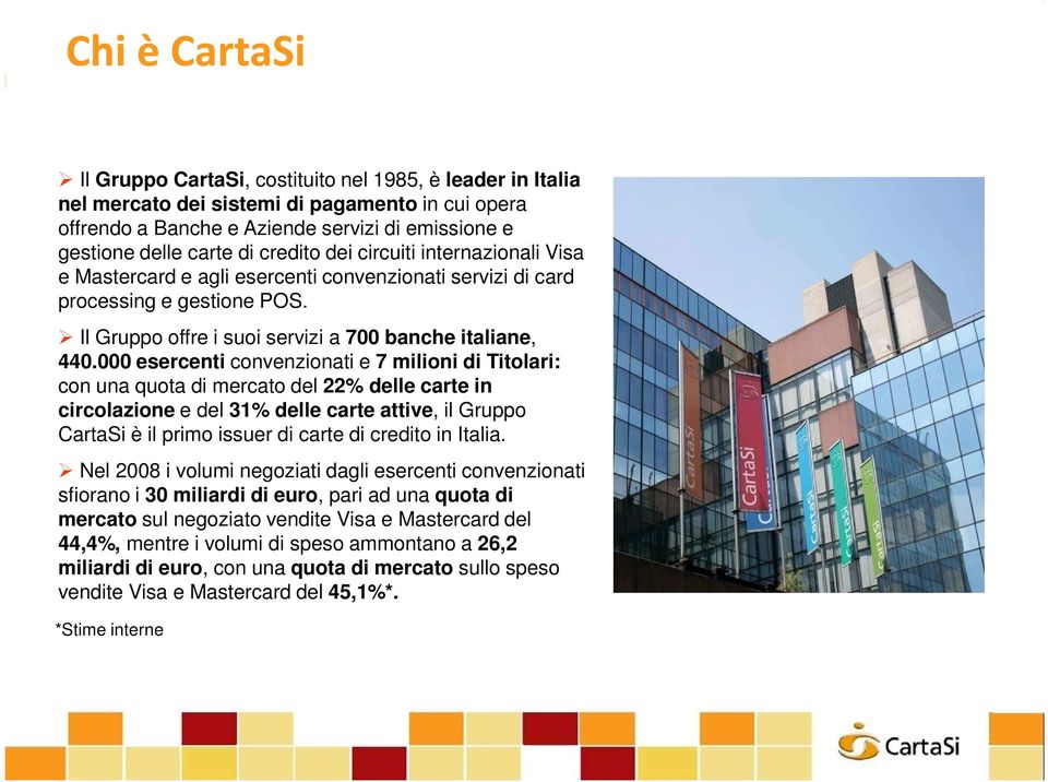 000 esercenti convenzionati e 7 milioni di Titolari: con una quota di mercato del 22% delle carte in circolazione e del 31% delle carte attive, il Gruppo CartaSi è il primo issuer di carte di credito