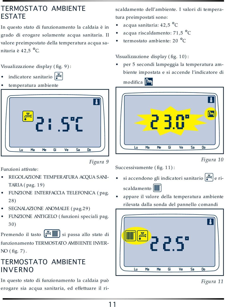 I valori di temperatura preimpostati sono: acqua sanitaria: 42,5 C acqua riscaldamento: 71,5 C termostato ambiente: 20 C Visualizzazione display (fig.