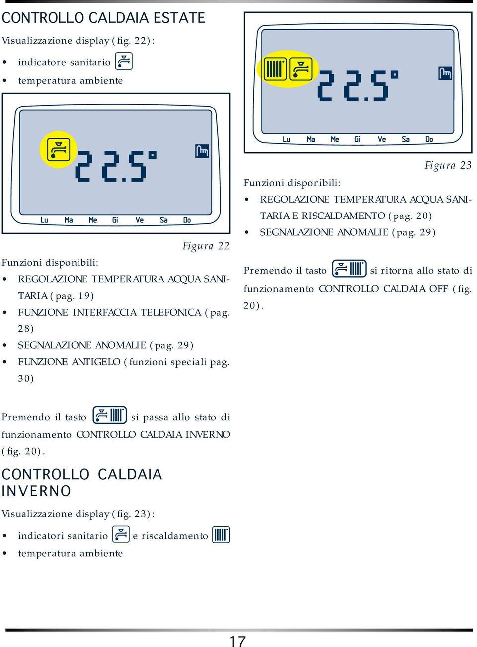 30) Figura 23 Funzioni disponibili: REGOLAZIONE TEMPERATURA ACQUA SANI- TARIA E RISCALDAMENTO (pag. 20) SEGNALAZIONE ANOMALIE (pag.