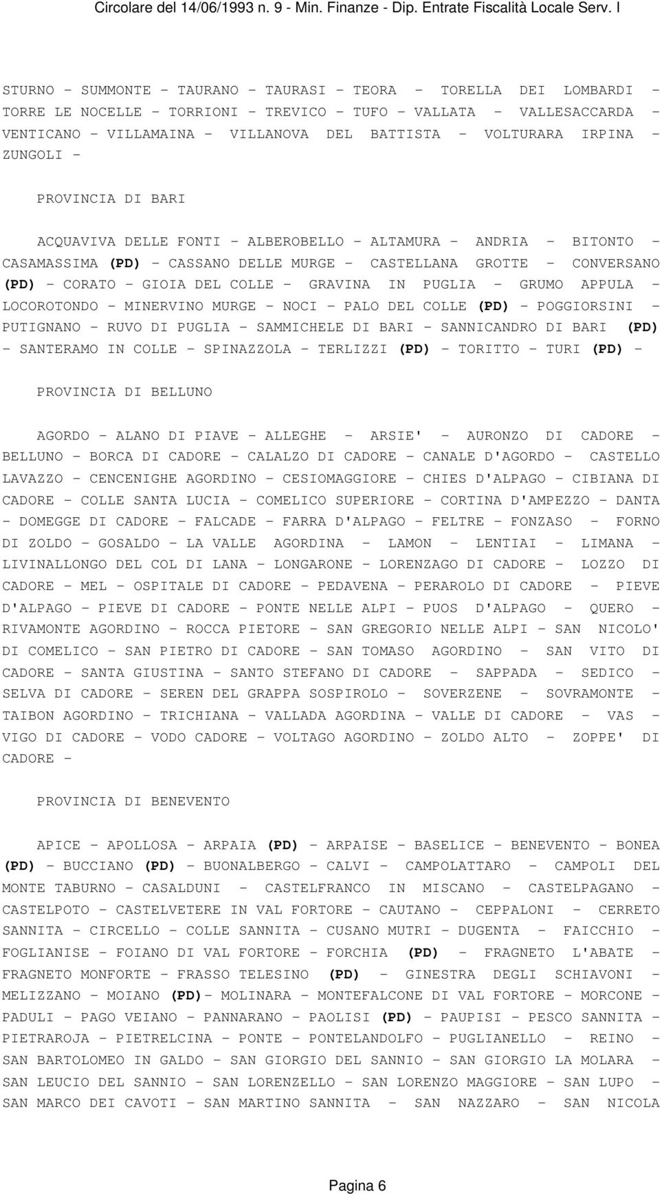 CORATO - GIOIA DEL COLLE - GRAVINA IN PUGLIA - GRUMO APPULA - LOCOROTONDO - MINERVINO MURGE - NOCI - PALO DEL COLLE (PD) - POGGIORSINI - PUTIGNANO - RUVO DI PUGLIA - SAMMICHELE DI BARI - SANNICANDRO