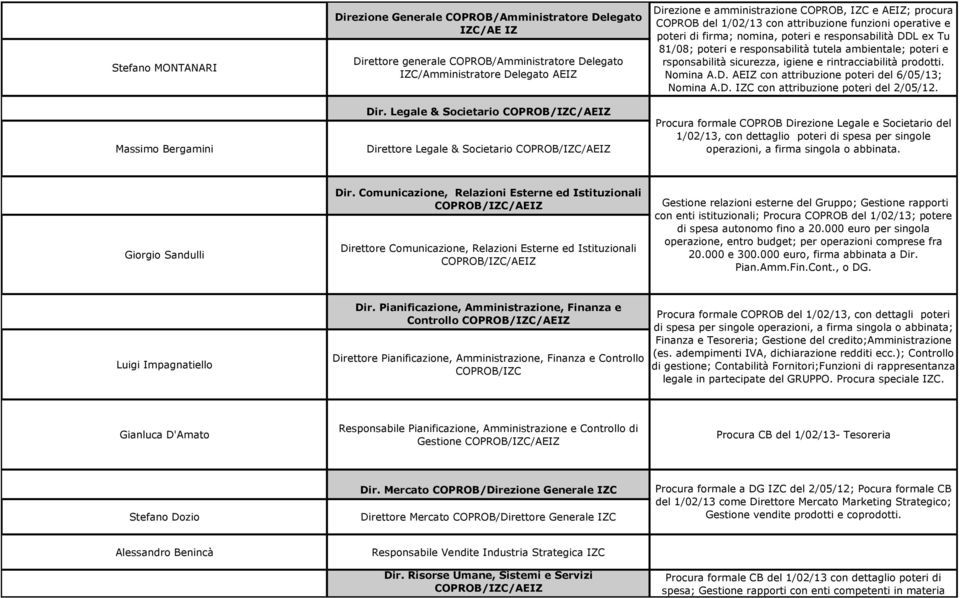 responsabilità DDL ex Tu 81/08; poteri e responsabilità tutela ambientale; poteri e rsponsabilità sicurezza, igiene e rintracciabilità prodotti. Nomina A.D. AEIZ con attribuzione poteri del 6/05/13; Nomina A.