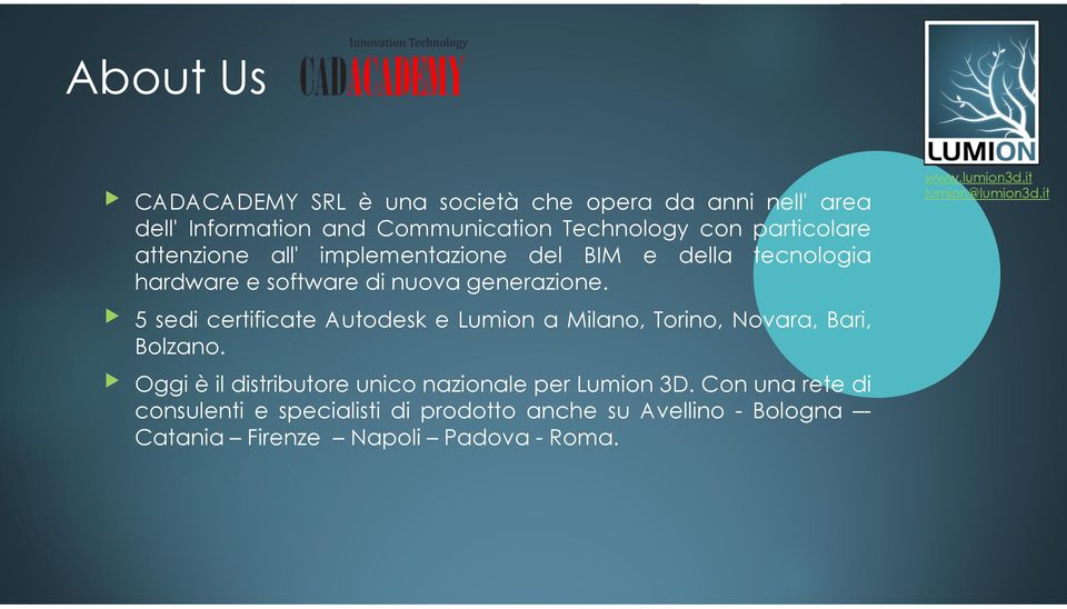 5 sedi certificate Autodesk e Lumion a Milano, Torino, Novara, Bari, Bolzano.