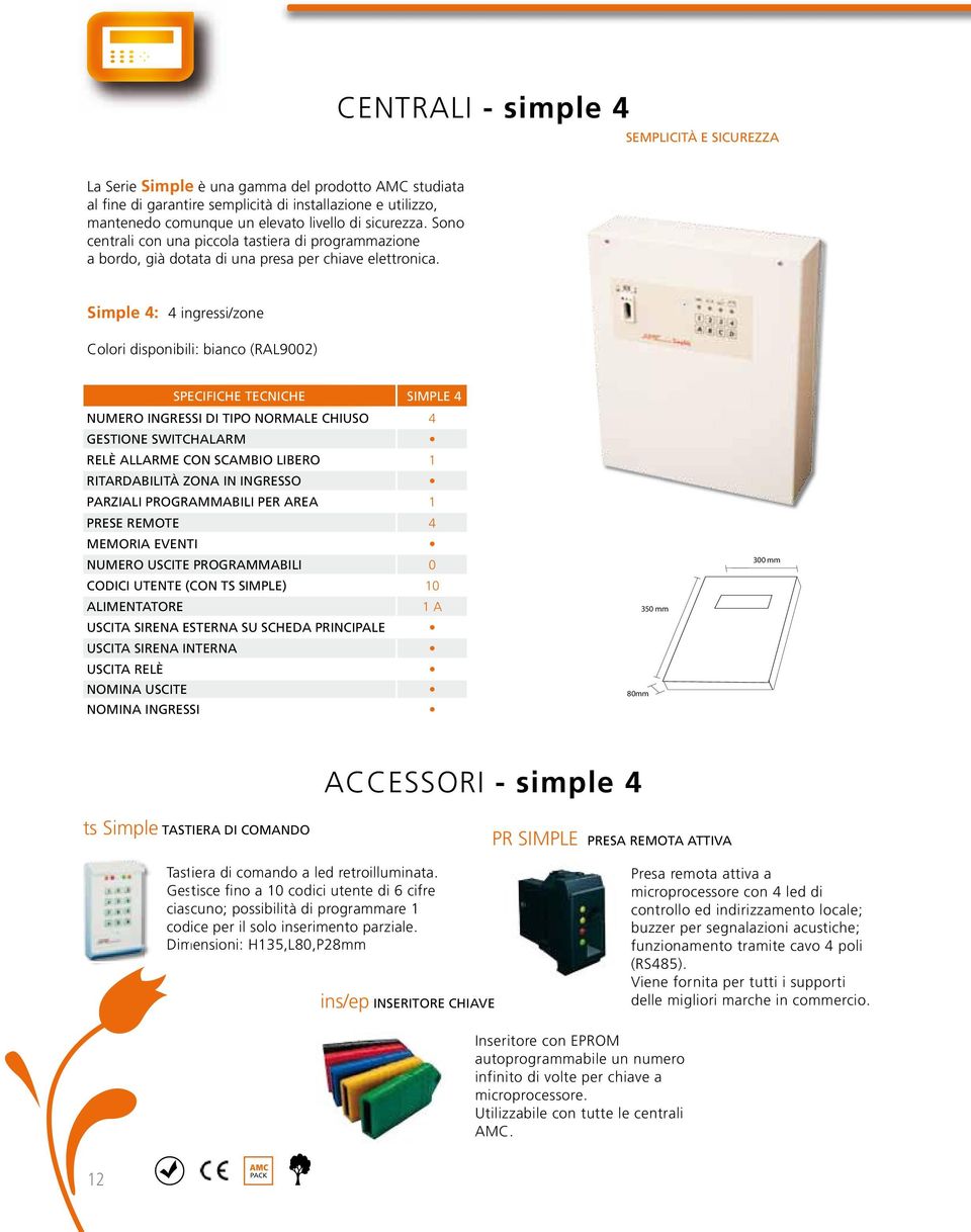 simple 4: 4 ingressi/zone Colori disponibili: bianco (RAL9002) specifiche tecniche simple 4 numero ingressi di tipo normale chiuso 4 gestione switchalarm relè AllArme con scambio libero 1