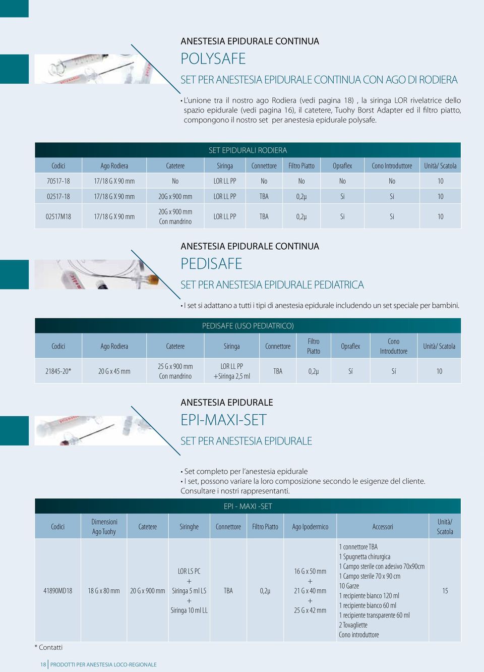 SET EPIDURALI RODIERA Ago Rodiera Catetere Siringa Connettore Filtro Piatto Opraflex Cono Introduttore Unità/ Scatola 70517-18 17/18 G X 90 mm No LOR LL PP No No No No 02517-18 17/18 G X 90 mm 20G x