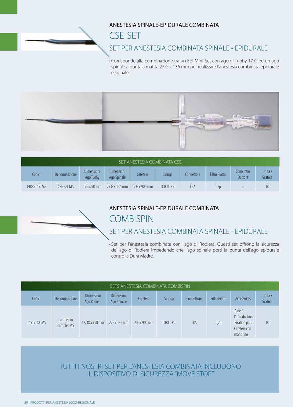 Denominazione Ago Tuohy Ago Spinale SET ANESTESIA COMBINATA CSE Catetere Siringa Connettore Filtro Piatto Cono Intro Duttore 14885-17-MS CSE-set MS 17G x 90 mm 27 G x 136 mm 19 G x 900 mm LOR LL PP