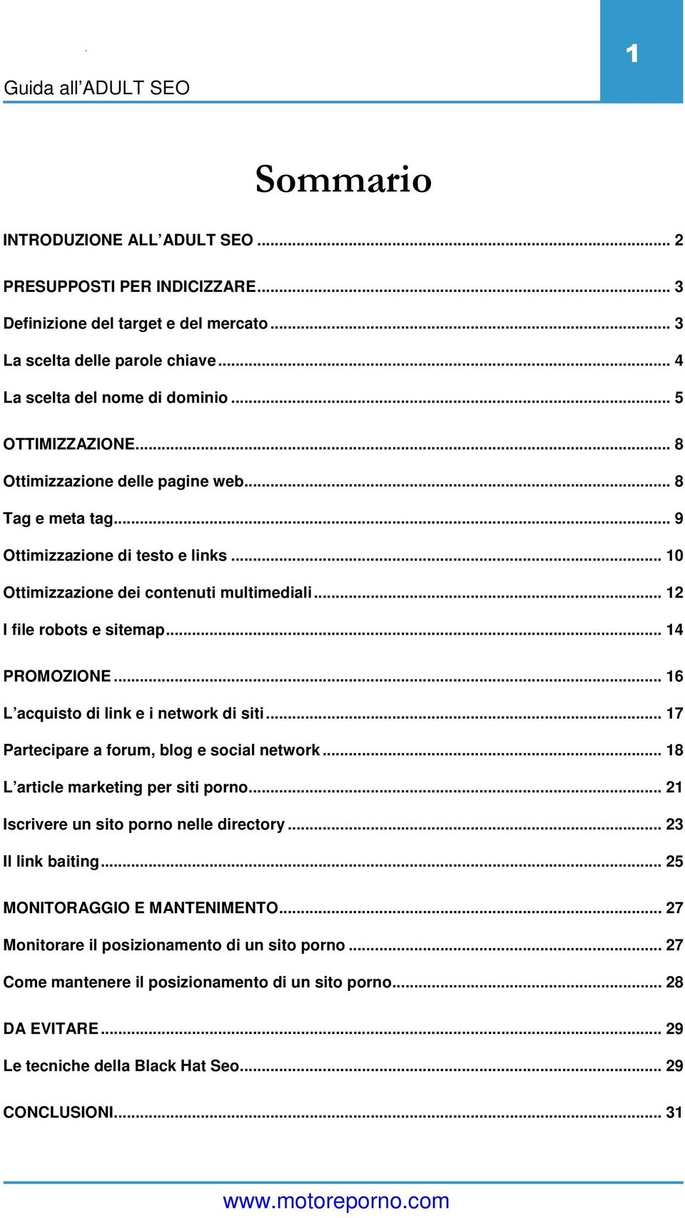 .. 14 PROMOZIONE... 16 L acquisto di link e i network di siti... 17 Partecipare a forum, blog e social network... 18 L article marketing per siti porno... 21 Iscrivere un sito porno nelle directory.