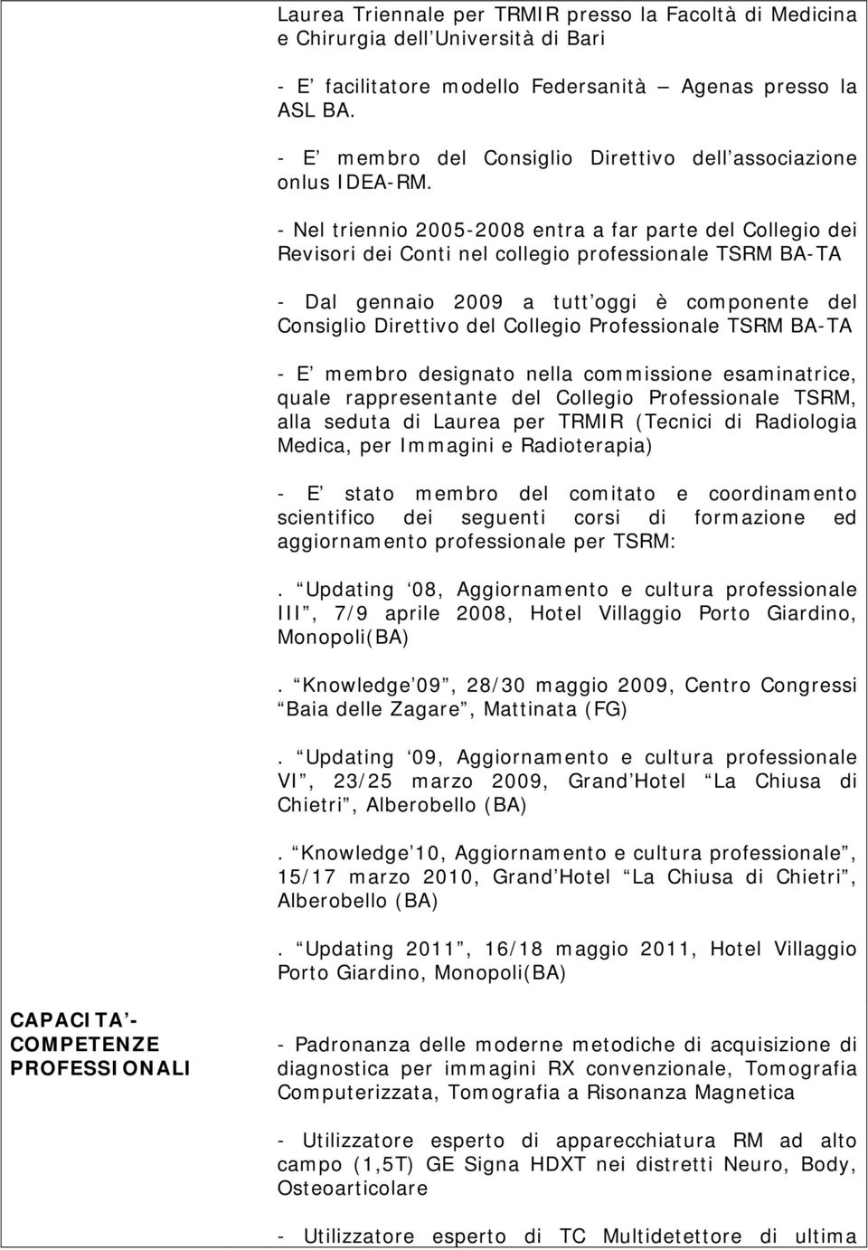 - Nel triennio 2005-2008 entra a far parte del Collegio dei Revisori dei Conti nel collegio professionale TSRM BA-TA - Dal gennaio 2009 a tutt oggi è componente del Consiglio Direttivo del Collegio