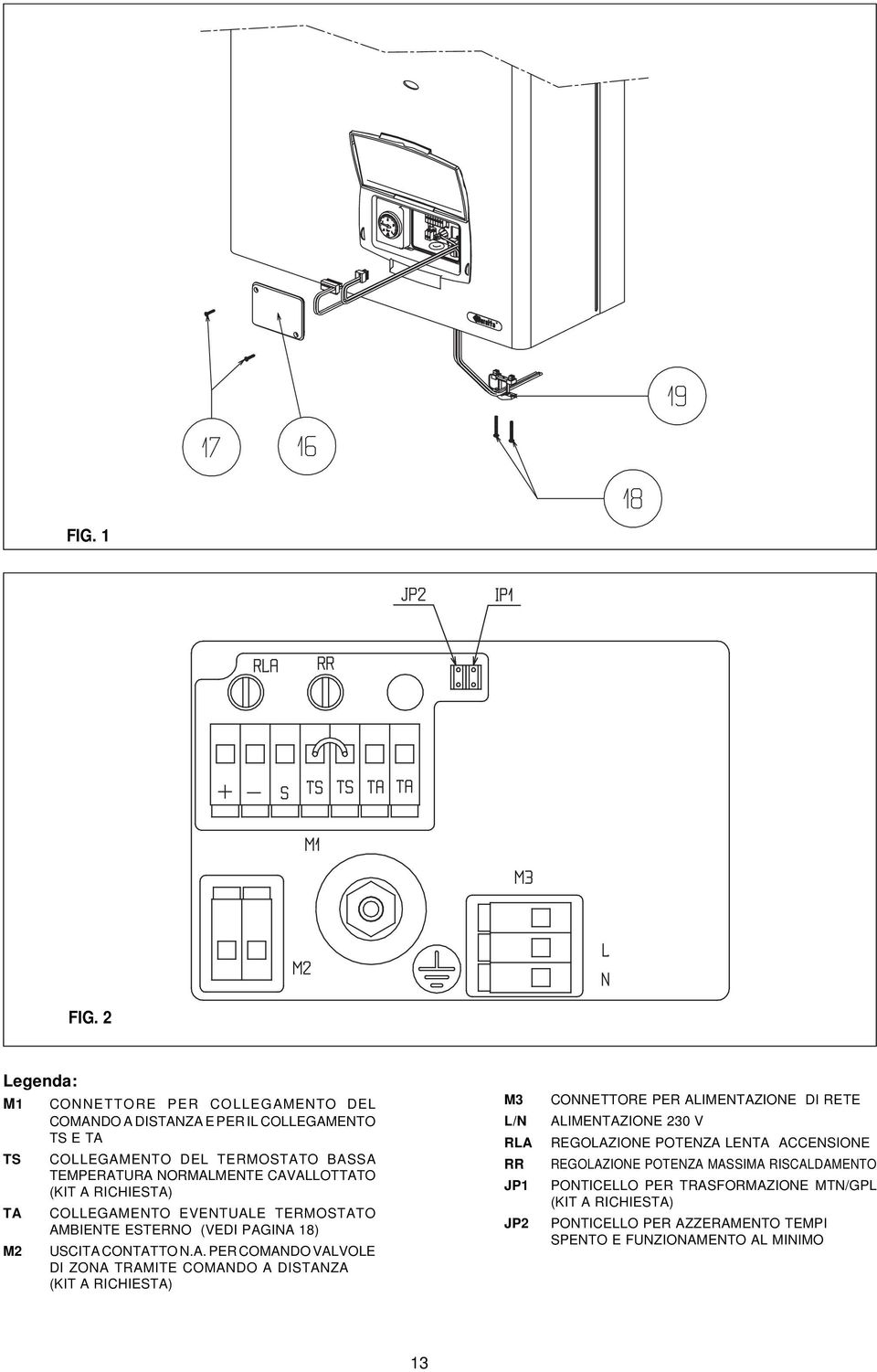 CAVALLOTTATO (KIT A RICHIESTA) TA COLLEGAMENTO EVENTUALE TERMOSTATO AMBIENTE ESTERNO (VEDI PAGINA 18) M2 USCITA CONTATTO N.A. PER COMANDO VALVOLE DI ZONA TRAMITE