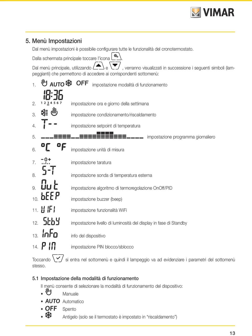 impostazione modalità di funzionamento 2. impostazione ora e giorno della settimana 3. impostazione condizionamento/riscaldamento 4. impostazione setpoint di temperatura 5.