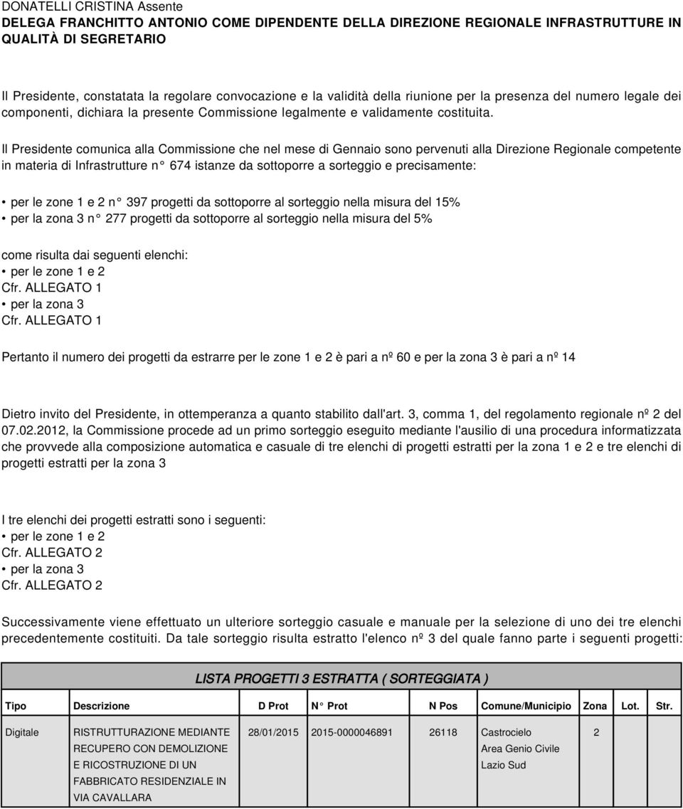 Il Presidente comunica alla Commissione che nel mese di Gennaio sono pervenuti alla Direzione Regionale competente in materia di Infrastrutture n 674 istanze da sottoporre a sorteggio e precisamente: