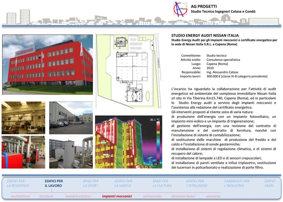 000 (classe III-B categoria prevalente) L incarico ha riguardato la collaborazione per l attività di audit energetico ed ambientale del complesso immobiliare Nissan Italia srl sito in Via Tiberina