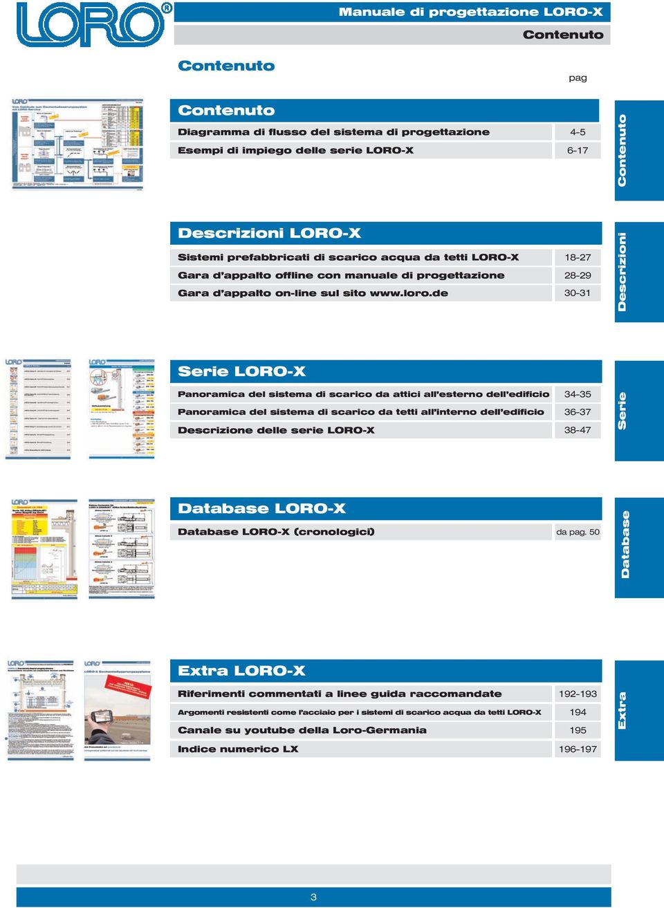 de 30-31 Descrizioni Serie LORO-X Panoramica del sistema di scarico da attici all esterno dell edificio 34-35 Panoramica del sistema di scarico da tetti all interno dell edificio 36-37 Descrizione