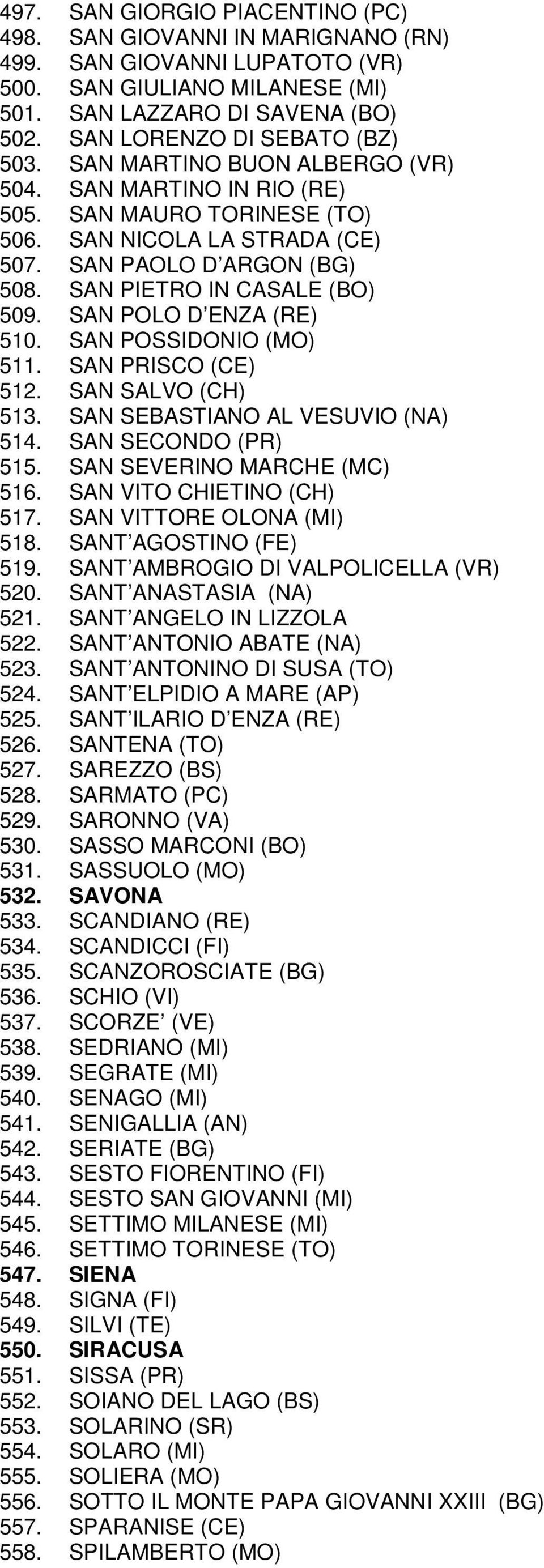 SAN PIETRO IN CASALE (BO) 509. SAN POLO D ENZA (RE) 510. SAN POSSIDONIO (MO) 511. SAN PRISCO (CE) 512. SAN SALVO (CH) 513. SAN SEBASTIANO AL VESUVIO (NA) 514. SAN SECONDO (PR) 515.