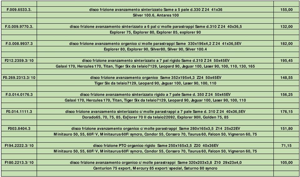 3 disco frizione avanzamento organico c/molle parastrappi Same 330x196x4,2 Z 24 41x36,5EV 182,00 Explorer 80, Explorer 90, Silver80, Silver 90, Silver 100.4 F212.2359.