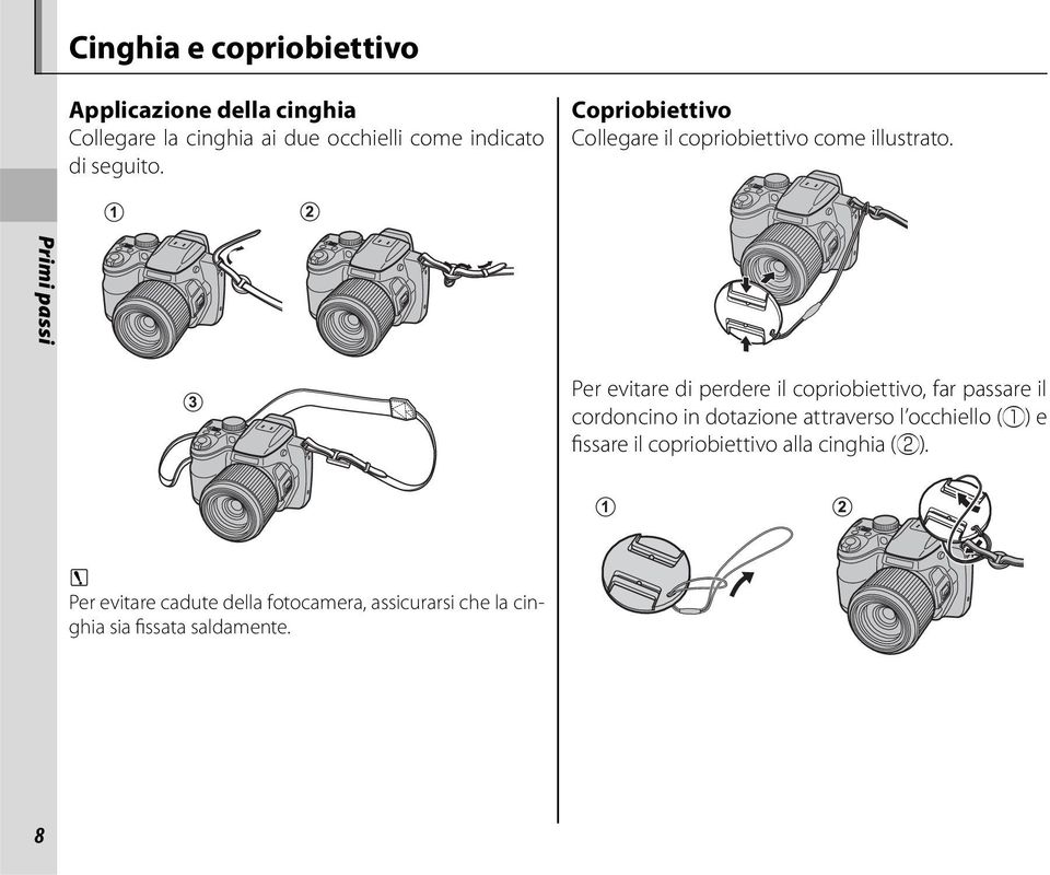 Primi passi Per evitare di perdere il copriobiettivo, far passare il cordoncino in dotazione attraverso l