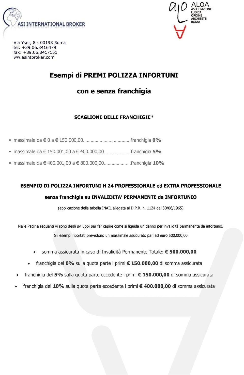 000,00 10% ESEMPIO DI POLIZZA INFORTUNI H 24 PROFESSIONALE ed EXTRA PROFESSIONALE su INVALIDITA PERMANENTE da INFORTUNIO (applicazione tabella INAIL allegata al D.P.R. n.