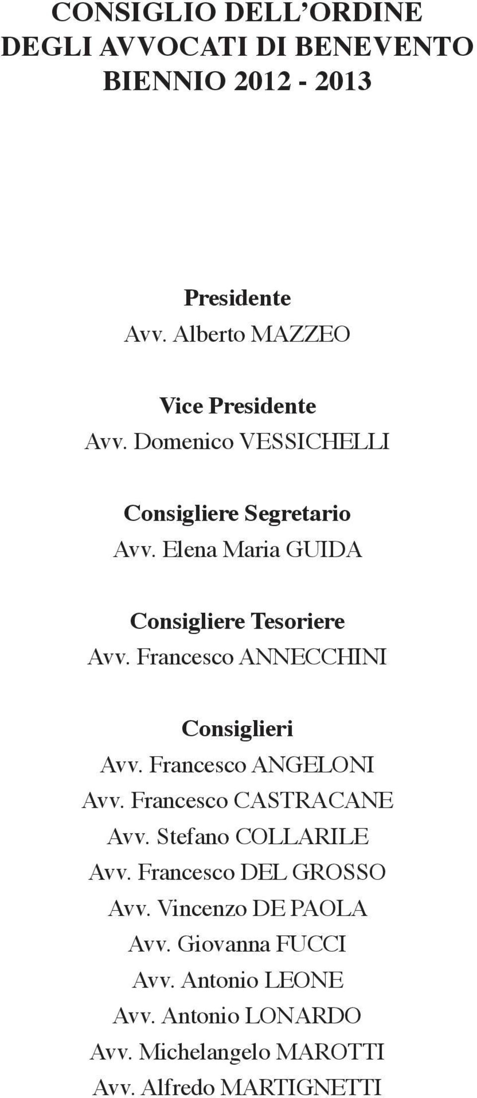 Elena Maria GUIDA Consigliere Tesoriere Avv. Francesco ANNECCHINI Consiglieri Avv. Francesco ANGELONI Avv.