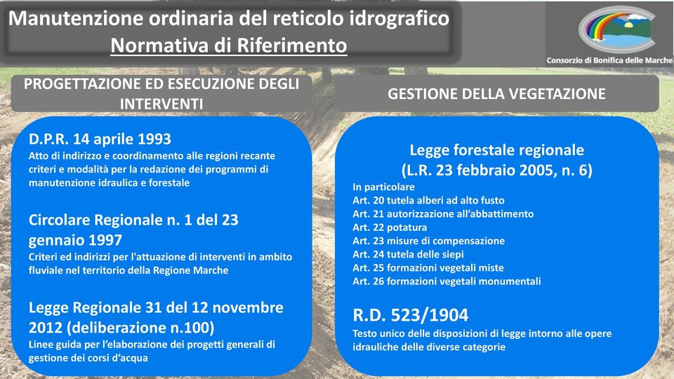 1 del 23 gennaio 1997 Criteri ed indirizzi per l'attuazione di interventi in ambito fluviale nel territorio della Regione Marche Legge Regionale 31 del 12 novembre 2012 (deliberazione n.