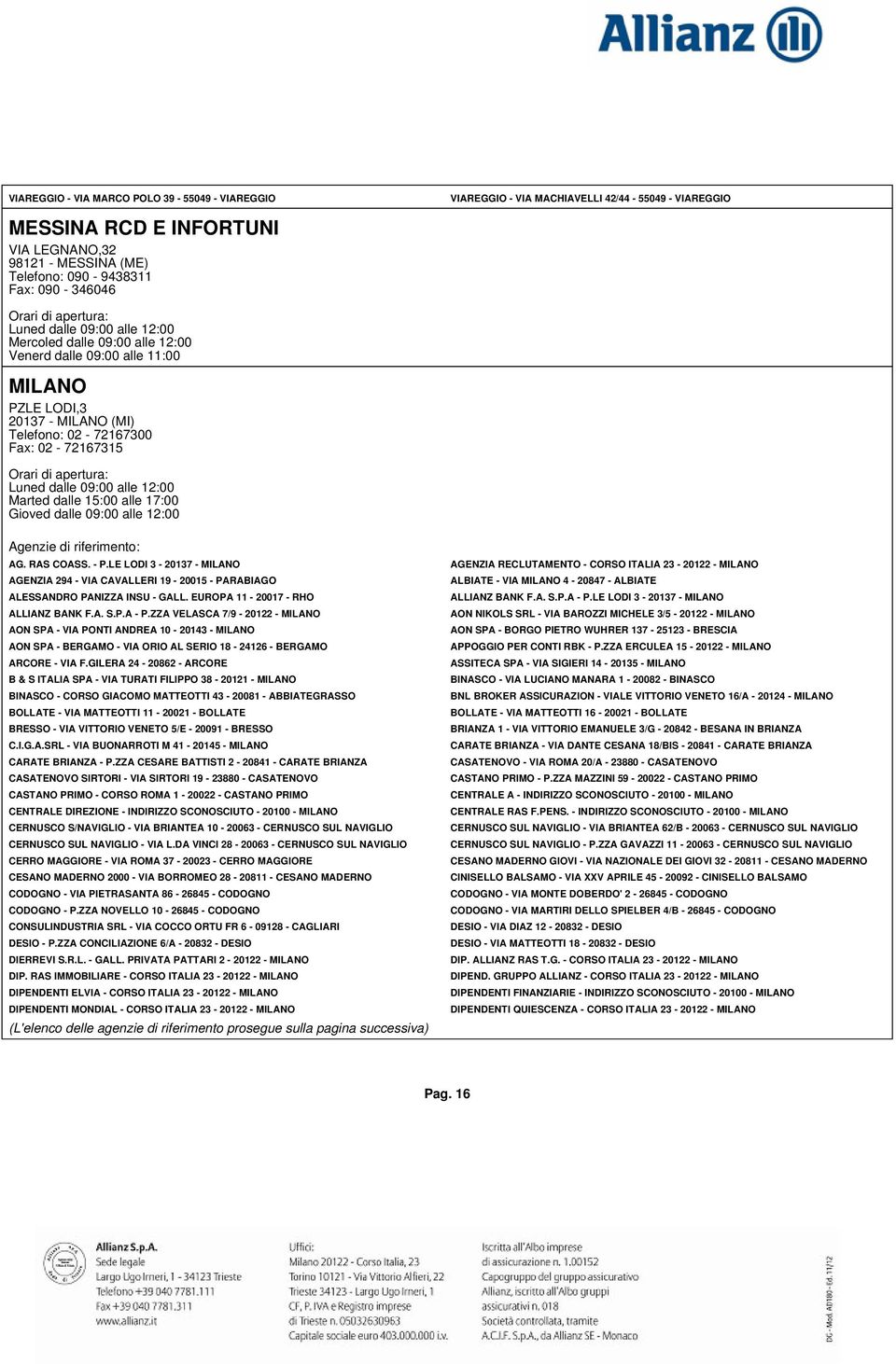 LE LODI 3-20137 - MILANO AGENZIA 294 - VIA CAVALLERI 19-20015 - PARABIAGO ALESSANDRO PANIZZA INSU - GALL. EUROPA 11-20017 - RHO ALLIANZ BANK F.A. S.P.A - P.