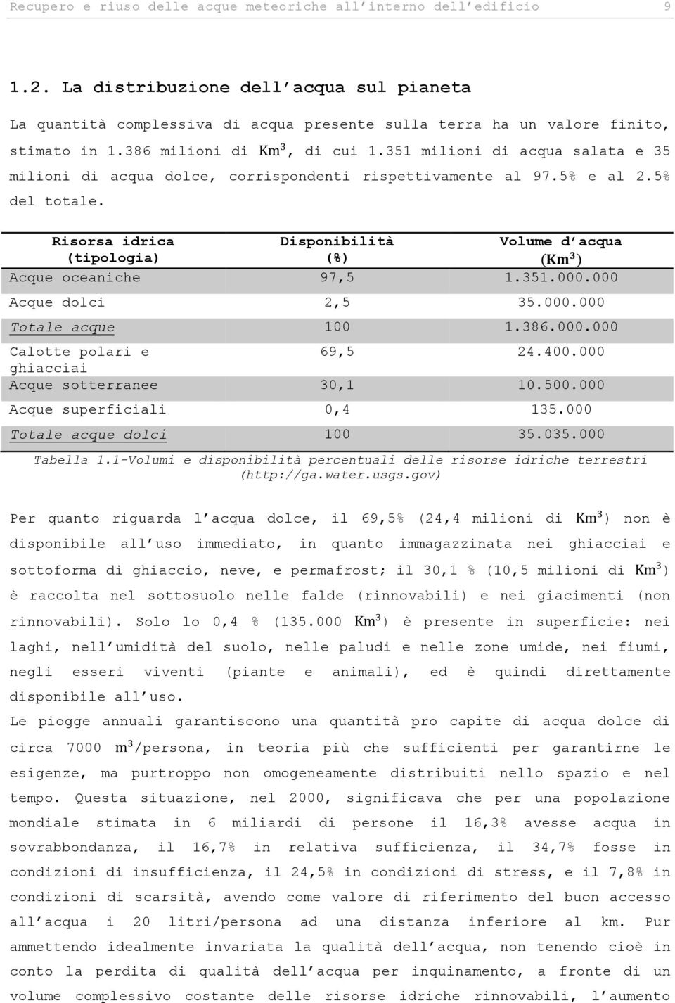 351 milioni di acqua salata e 35 milioni di acqua dolce, corrispondenti rispettivamente al 97.5% e al 2.5% del totale.