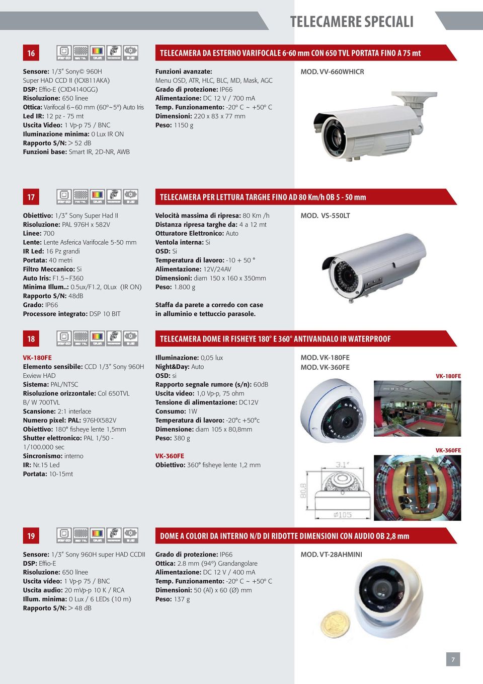 avanzate: Menu OSD, ATR, HLC, BLC, MD, Mask, AGC Grado di protezione: IP66 Alimentazione: DC 12 V / 700 ma Temp. Funzionamento: -20º C ~ +50º C Dimensioni: 220 x 83 x 77 mm Peso: 1150 g MOD.